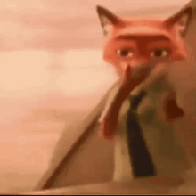 a close up of a cartoon fox holding a stick in his mouth .