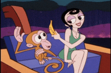 a cartoon woman is sitting on a couch with a monkey holding a banana