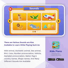 a screenshot of an app called kids piano with various sounds