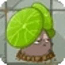 a cartoon character is wearing a green leaf on his head .