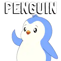 a blue and white penguin with the word penguin behind it