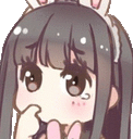 a close up of a cartoon girl with pigtails and bunny ears covering her mouth with her hand .