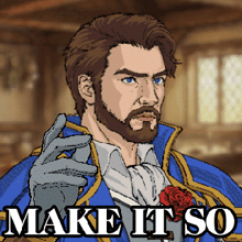 a cartoon of a man with a beard and the words make it so above him
