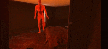 a naked man is standing on a bed in a dark room .