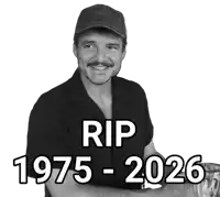 a black and white photo of a man with the words rip 1975-2026 behind him