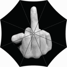 a black umbrella with a hand showing the middle finger