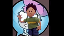 a cartoon character is standing in front of a speech bubble with a girl in it .