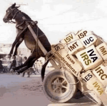 a horse is pulling a cart full of boxes with taxes on them .