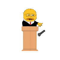 a yellow cartoon character is giving a speech at a podium with a microphone