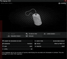 a screenshot of a video game shows a dog tag