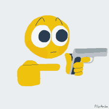 a cartoon smiley face holding a gun and pointing at it