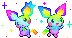 a pixel art of two rabbits with rainbow colored ears and wings .