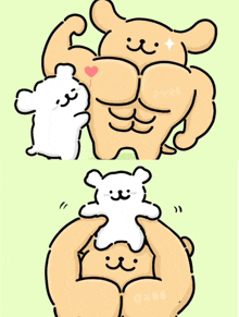 a cartoon drawing of a bear flexing his muscles and holding another bear