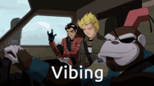 a group of cartoon characters are in a car and the word vibing is on the screen