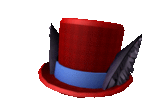 a red top hat with a blue band and feathers on it