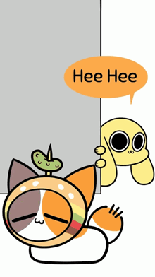 a cartoon of a cat with a speech bubble that says " hee hee "