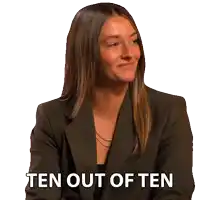 a woman in a suit says ten out of ten on a white background