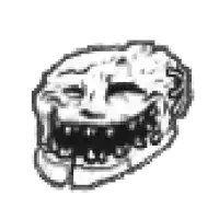 a black and white drawing of a troll face with a big smile .