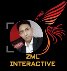 a man in a suit is in a circle with a bird and the words zml interactive .