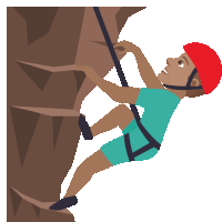 a man wearing a red helmet is climbing a mountain