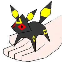 a pixel art drawing of a black and yellow pokemon on someone 's hand