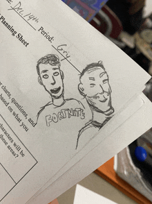 a drawing of two men one of whom is wearing a shirt that says fortnite