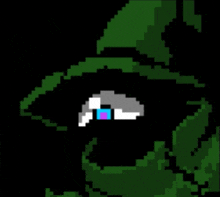 a pixel art of a person wearing a green hat with a blue eye