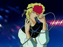 a cartoon character is singing into a microphone with a pink flower in his hair .