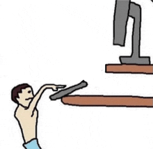 a cartoon of a shirtless man reaching for a keyboard .