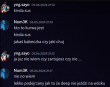 a screenshot of a conversation between yung sayo and num3k