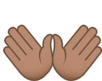 a pair of brown hands reaching out towards each other on a white background