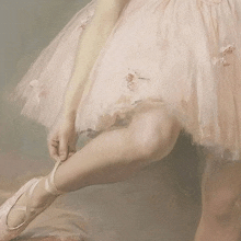 a painting of a woman in a pink dress tying her ballet shoes