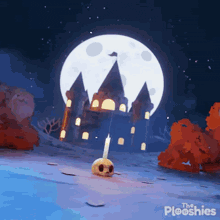 a cartoon of a pumpkin with a candle sticking out of it in front of a castle with a full moon