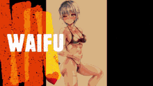 a drawing of a girl in a bikini with the word waifu in white letters