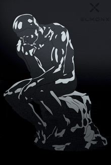 a black and white drawing of a man sitting on a rock with the letter x below it