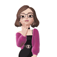 a cartoon girl wearing glasses and a pink sweater is covering her face with her hand