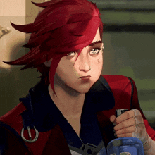 a cartoon character with red hair is holding a lighter and a cup of coffee .