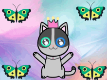 a cartoon cat with a crown on its head is surrounded by butterflies