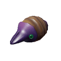 a purple and brown object with a green bead on it 's head .