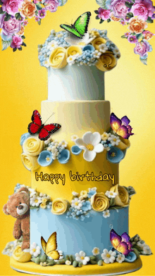 a birthday cake with flowers and butterflies and the words happy birthday