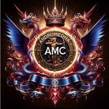a logo for andromedha amc music community surrounded by dragons