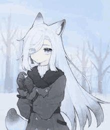 a girl with white hair and fox ears is standing in the snow wearing a coat and scarf .