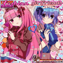 a picture of two anime girls with the words lesbian girlfriends