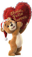 a teddy bear wearing a santa hat is holding a red heart which says hola feliz jueves