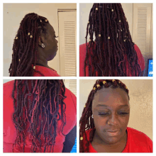 a woman in a red shirt has dreadlocks on her hair