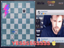 a chess game is being played on a screen with the words yesssss