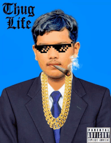 a man in a suit and tie is smoking a cigarette and has a parental advisory on the bottom right