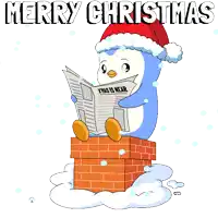 a penguin sitting on a chimney reading a newspaper with the words merry christmas written above it
