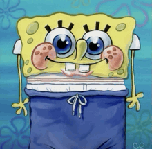 a cartoon drawing of spongebob wearing a pair of blue swim trunks