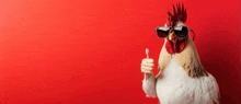 a rooster wearing sunglasses is giving a thumbs up sign on a red background .